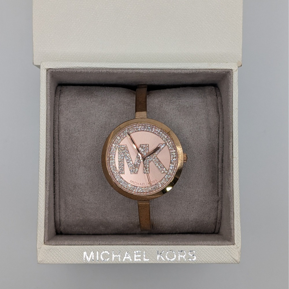 Michael Kors Jaryn Watch Women Rose Gold MK-3631 Crystal Logo Bangle Box